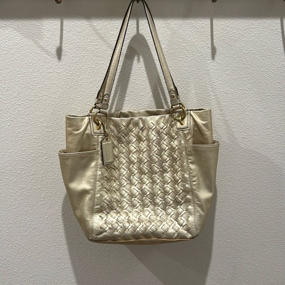 Coach Handbags - COACH- North South Metallic Woven Leather Gold‎ Leather Shoulder Bag Tote F17099